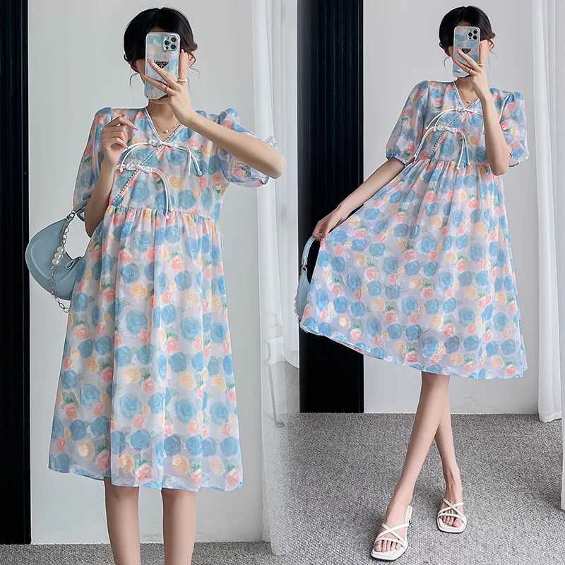Retro Maternity Dresses Temperament Ladies Summer Loose Mid-length Breathable V-neck 2022 Pregnancy Clothes for Photos Shoot NewT250311