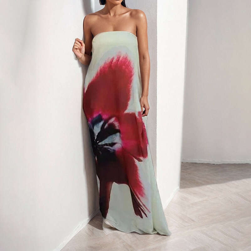 Women's Clothing 2025 Spring New Style Elegant Strapless Large Sexy Printed Long Skirt Dress KLMY