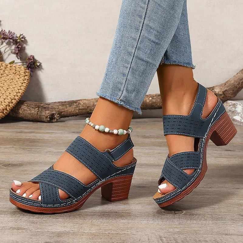 2025 Summer Thick High Heel Sandals Womens Cross Band Fashion Beach Sandels Hook Loop Anti-Slip Platform Sandalias De Mujer 250305