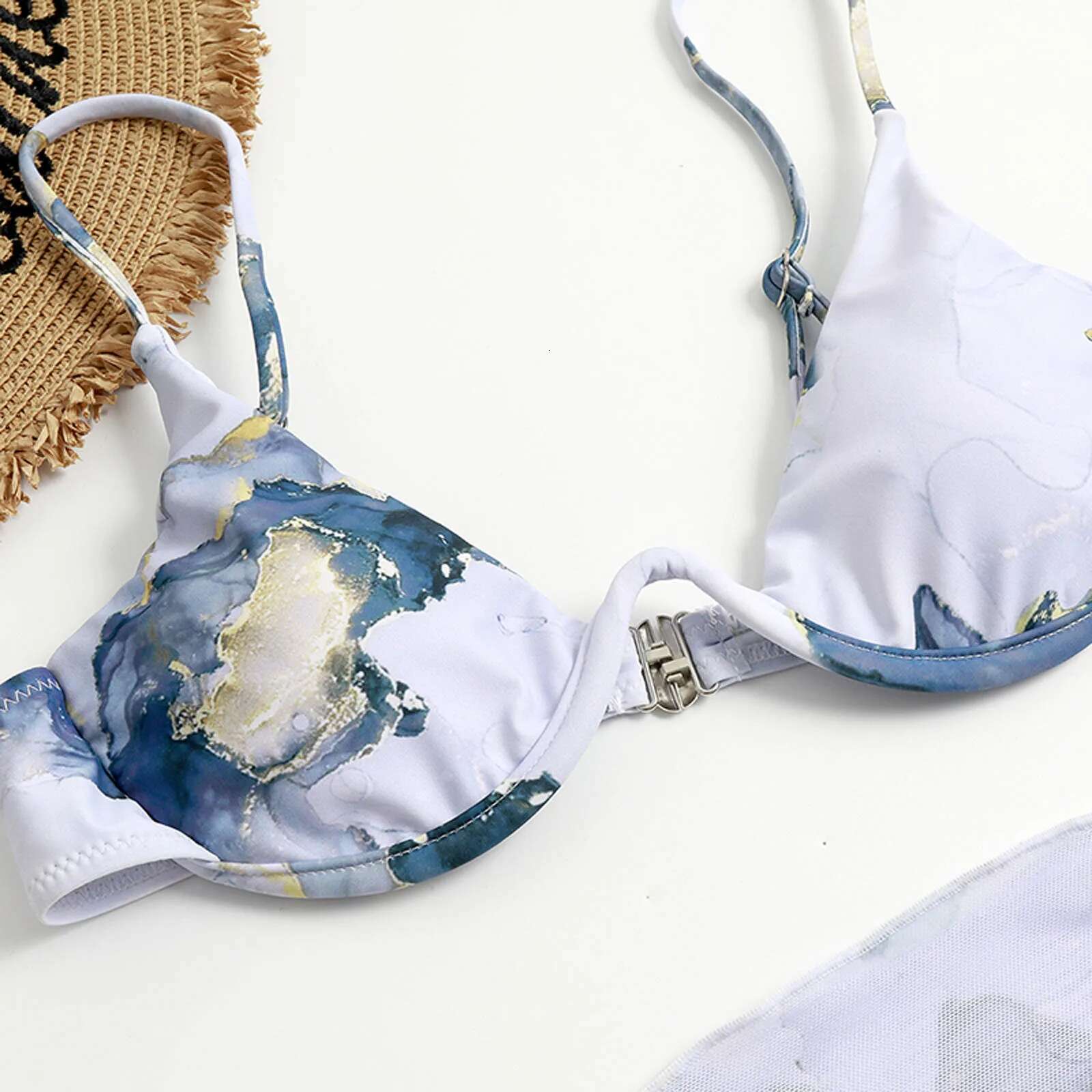 Swimsuits High Waisted Split Women's Three Piece Swimsuit Bikini Tie Dye Printed Sexy Tie Chiffon Swimwears