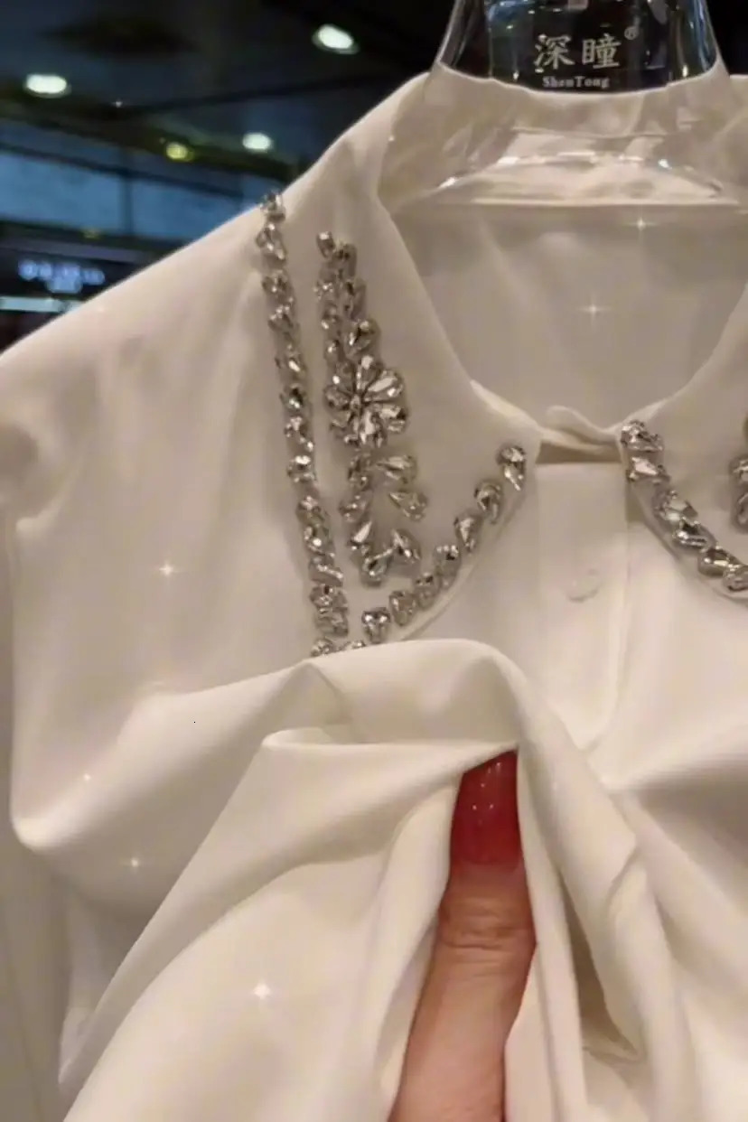In Autumn Spring Sparkle Diamonds Stitch Elegant White Blouses Shirts for Womens Long Sleeve Versatile Tops Clothing 250311