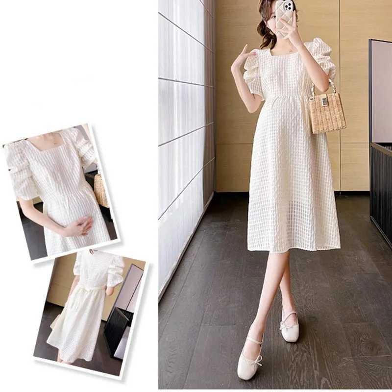 Pregnacy Dress Square Neck Dress Women Bubble Sleeves Chiffon Small Flower Printing Maternity Clothing Pregnant Woman ClothesT250311