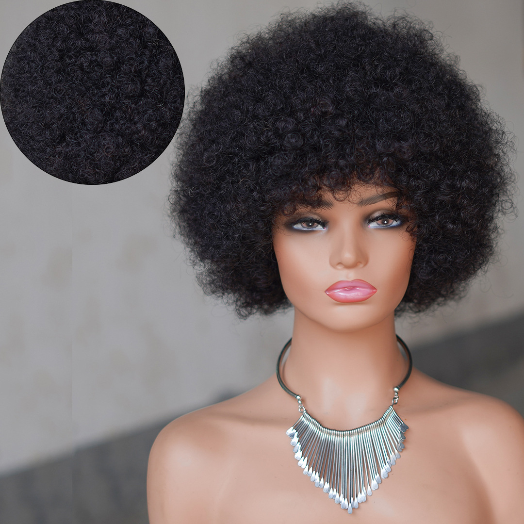 10 Inch Afro Curly Pixie Cut Wig Real Human Hair Machine Made Natural Black Explosive Curly Style Perfect for a Bold and Stylish Look