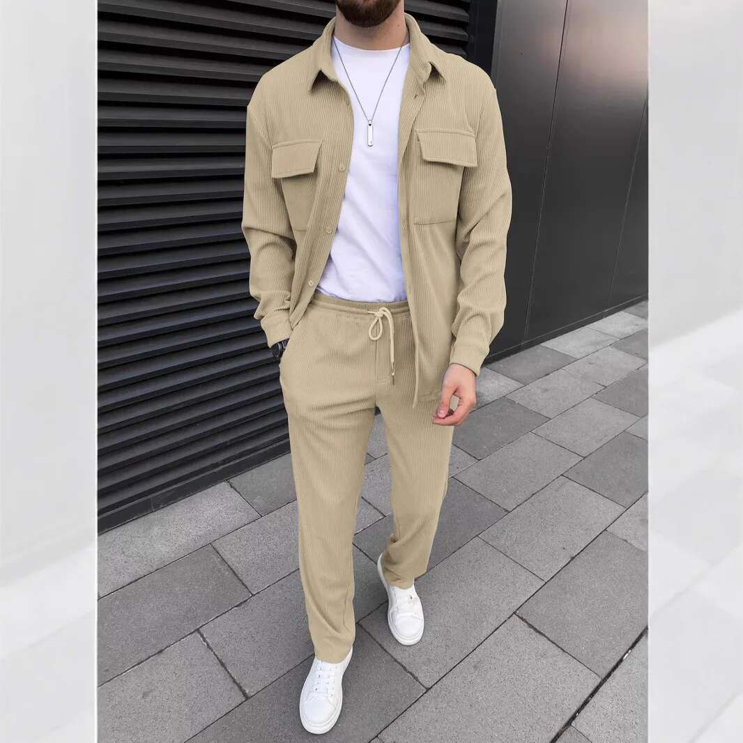 Men Corduroy Two Piece Sets Solid Long Sleeve Lapel Button Slim Coats & Pants Fashion Cargo Casual Trend Streetwear Mens Suits