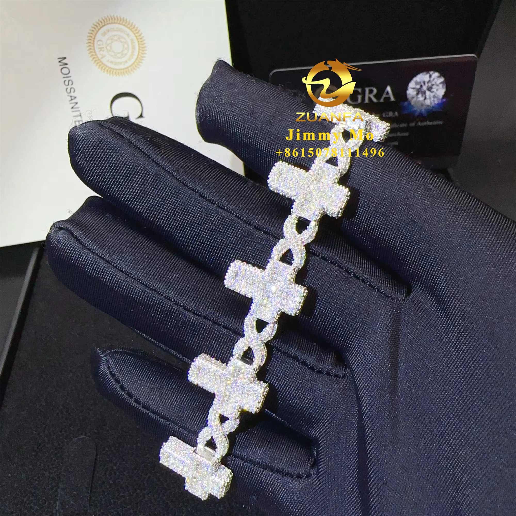 New Design 8mm-16mm Width 925 Solid Silver Iced Out Hip Hop Jewelry VVS1 Moissanite Diaomnd Cuban Link Chain Cross Bracelet Men