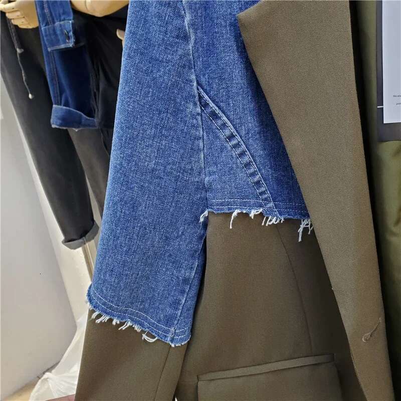 Korean Denim Patchwork Blazer Women Big Pocket Outerwear Female Loose Irregular Contour Mid Long Jeans Splicing Suit Jacket Coat