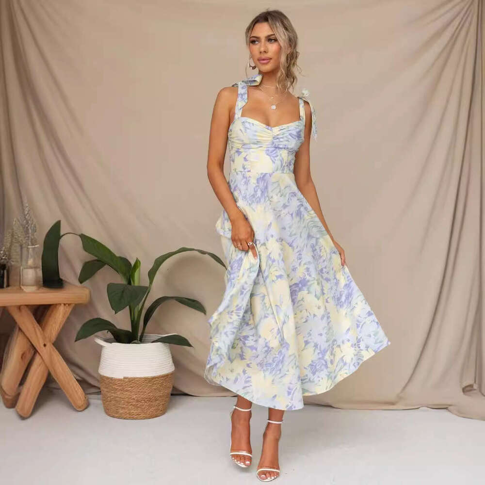 European and American slim fit slimming waist cinched V-neck suspender print medium long dress for women 2025 new style temperament chic elegant cloth