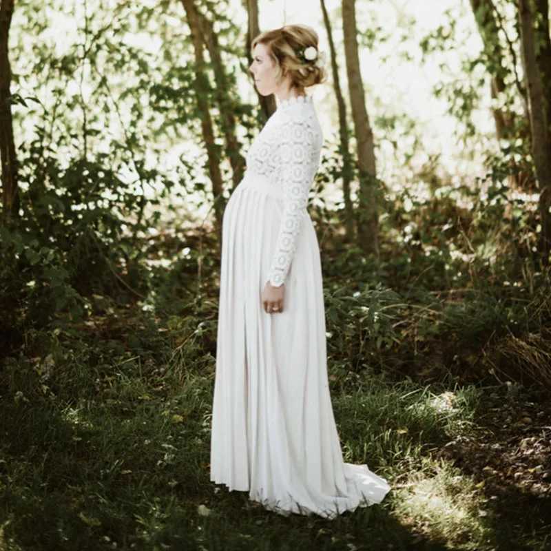 White maternity evening gown baby shower maternity conversation photos elegant women pregnant women long sleeved hollow long skirt X250224