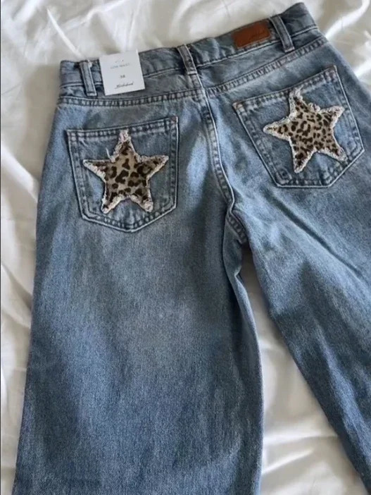 Y2K Harajuku leopard star retro blue straight jeans womens high waist embroidery fashion washed Korean style wide leg pants 250306