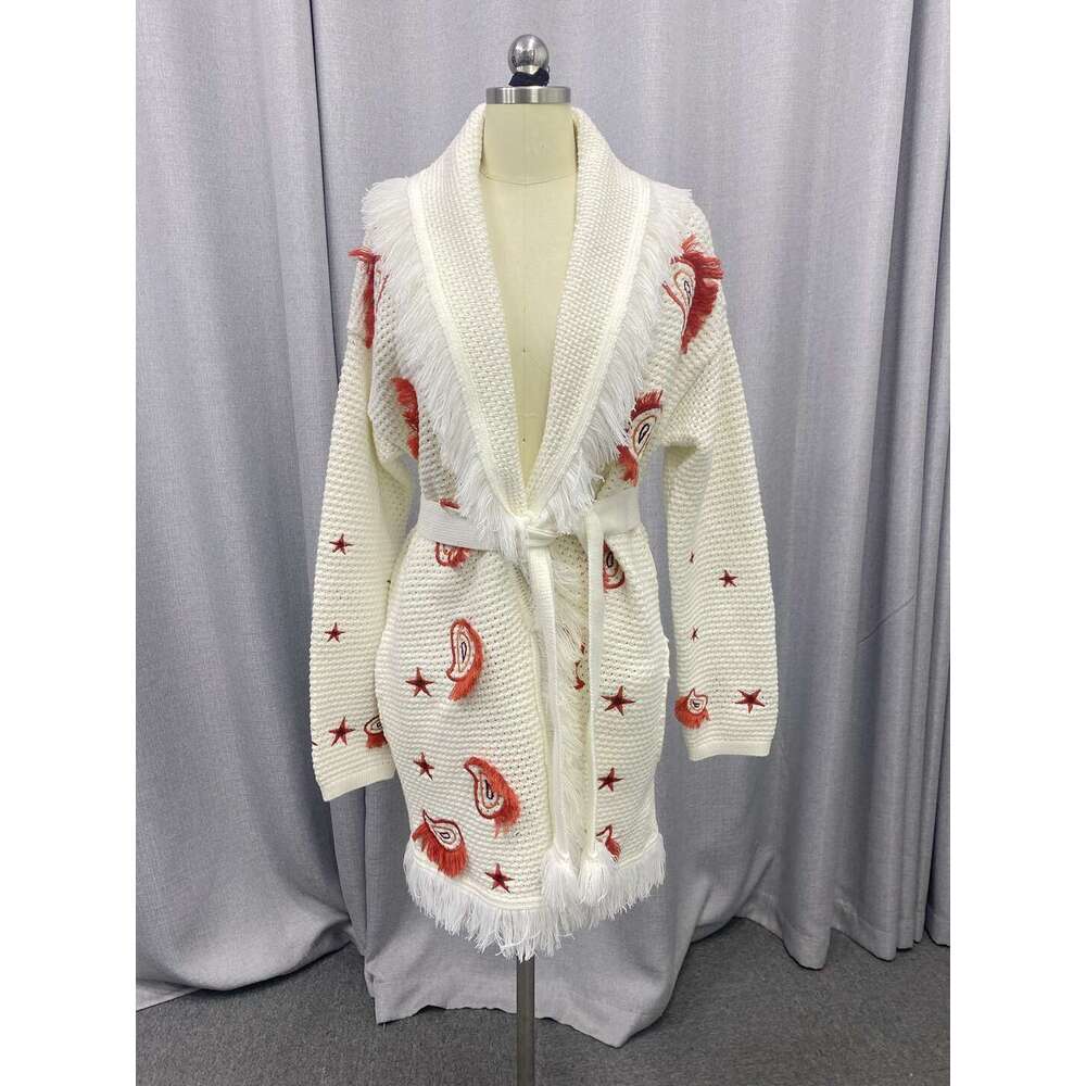 Australian Hand Hook Hollow Tassel Cardigan Niche Contrasting Color Cashew Flower Embroidery Knitted Jacket For Women