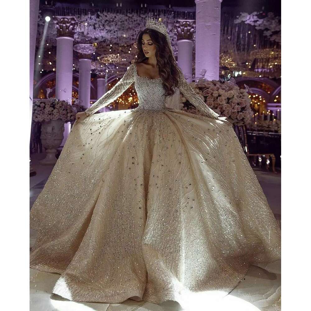 Vase dress, champagne, 2020, long sleeves, lace appliques, plus size, wedding dress