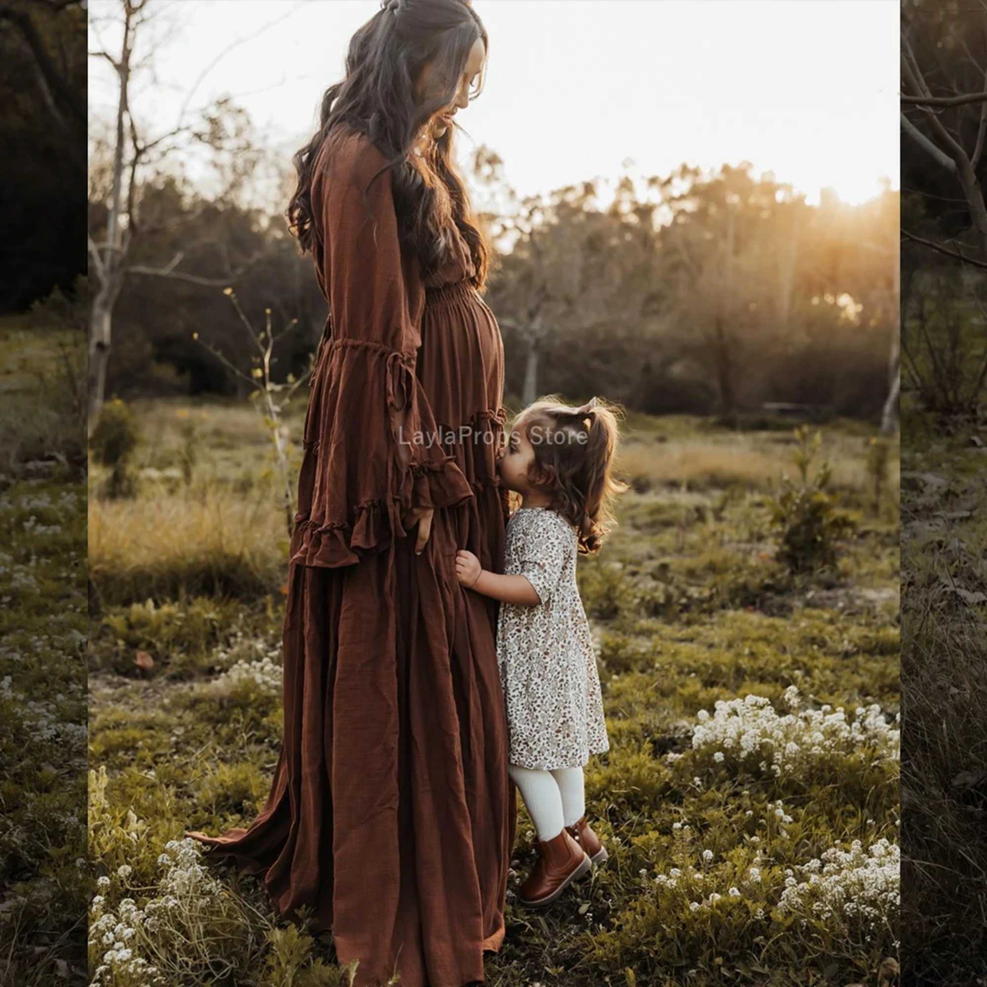 Maternity Dresses For Photoshoot Bohemian Photography Linen Cotton with Deep V-Neck Ruffled Lace Long Sleeves X250224