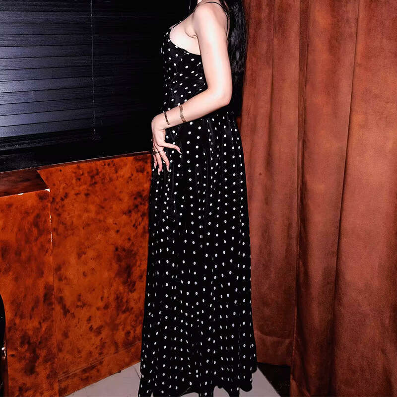 2025 Spring Women's Elegant And Casual Dot Printed Shoulder Strap Party Dress KLMY