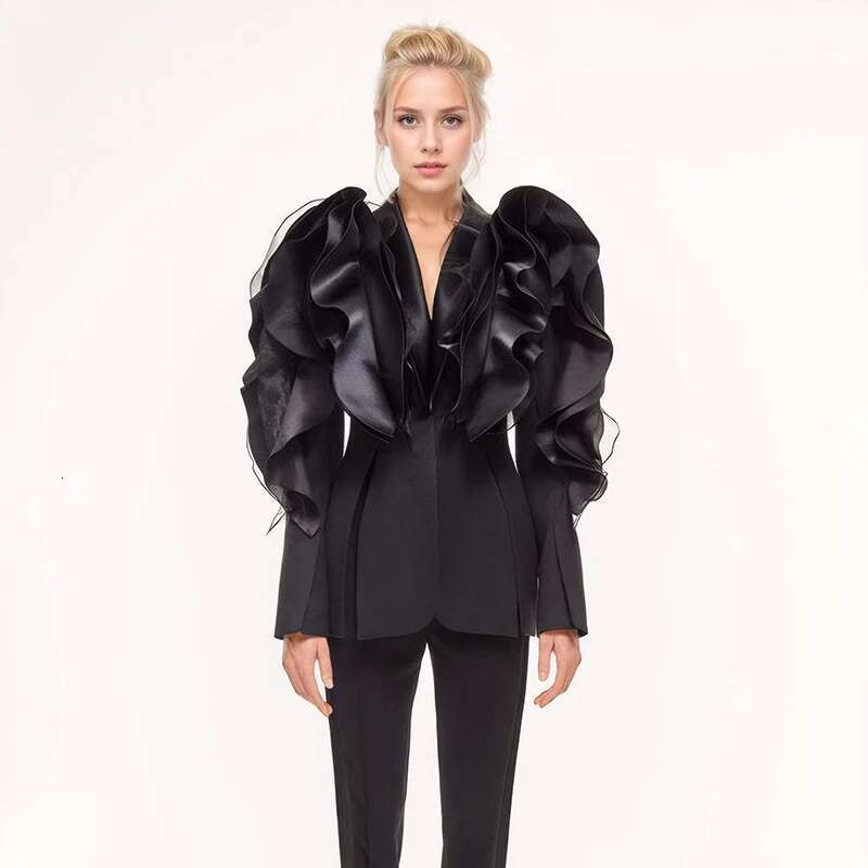 DEAT Fashion Black Three-Dimensional Splicing Ruffle Edge Blazer Women's Asymmetric Slim Fit Suit Jacket Spring 2025 New 7Ab8042