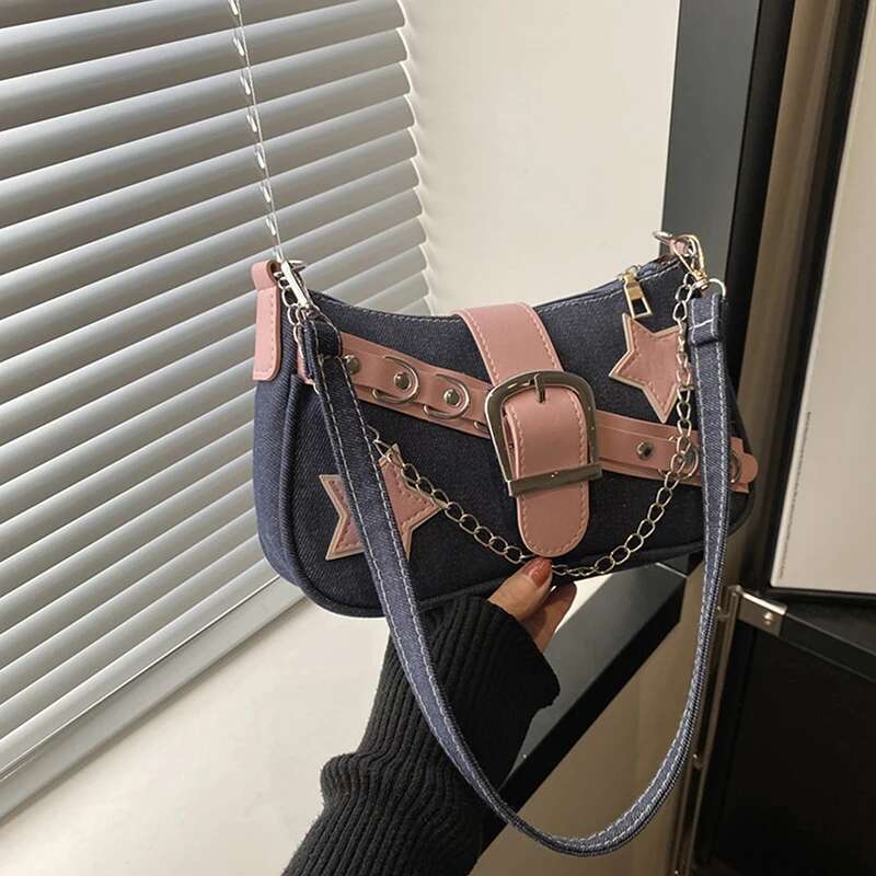 Handbags Y2k Women's Stars Pattern Cool Girls Underarm Bag Fashion Canvas Female Small Shoulder Bags Chain Tote Purses