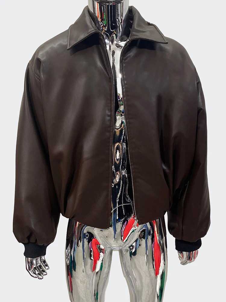 Nerazzurri Spring Autumn Cool Short Oversized Warm Brown Pu Leather Jacket Men Zipper Loose Casual Korean Fashion Clothes 2024T250311