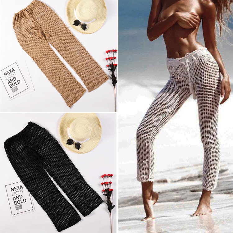 Hand Hook Knitted Casual Solid Color Slim Fit Lace Up Sexy Mesh Hollowed Out Beach Sun Protection Pants For Women