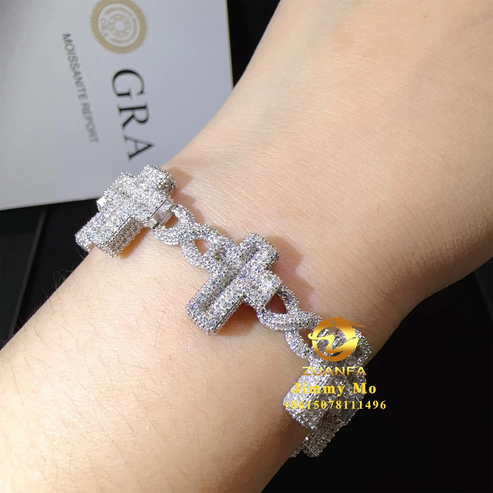New Design 8mm-16mm Width 925 Solid Silver Iced Out Hip Hop Jewelry VVS1 Moissanite Diaomnd Cuban Link Chain Cross Bracelet Men