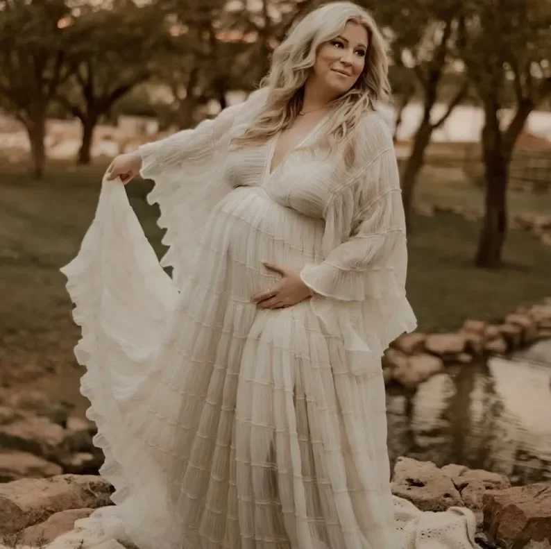 Boho Rustic Maternity Dress Photography Props Chiffon Pleated Slit Dress Pregnant Women V-neck Sexy Gypsy Dress Photoshoot Clothes X250224