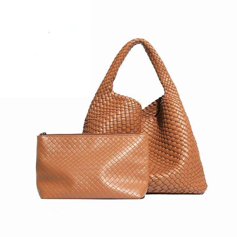 Women PU Leather Handbag Lady Fashion Handmade Knitting Tote Female Hand-Woven Basket Shoulder Bag With Purse