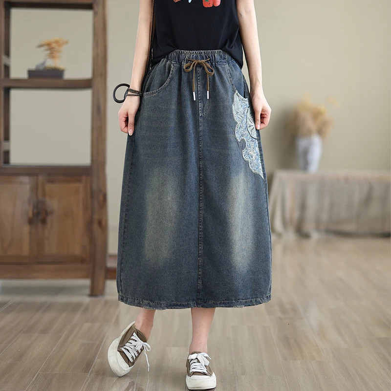 High Waist Denim Long Skirt Women Arrival Spring Vintage Style Floral y Loose Female Casual Aline Skirts S009 250311