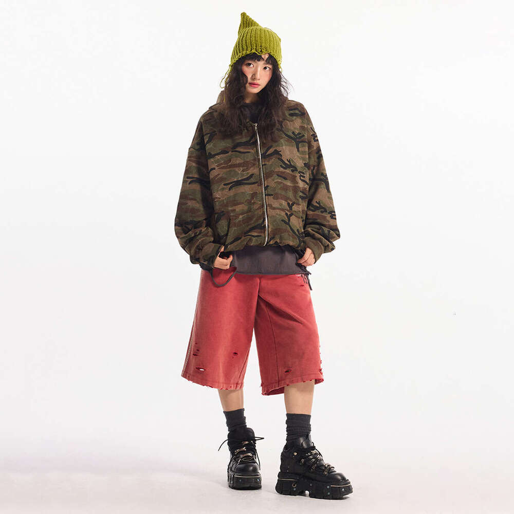 Jiayiku Men's 2025 Spring New American Street Camouflage Jacket Couple's Cardigan Zipper Hoodie