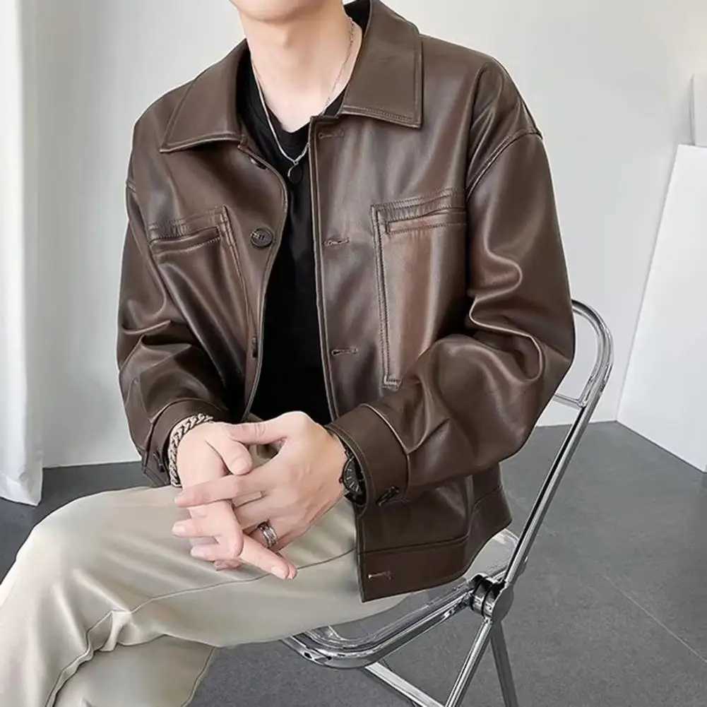 Retro Men Jacket Faux Leather Lapel Long Sleeve Single-Breasted Jacket Coat Loose Waterproof Warm Jacket PUT250311