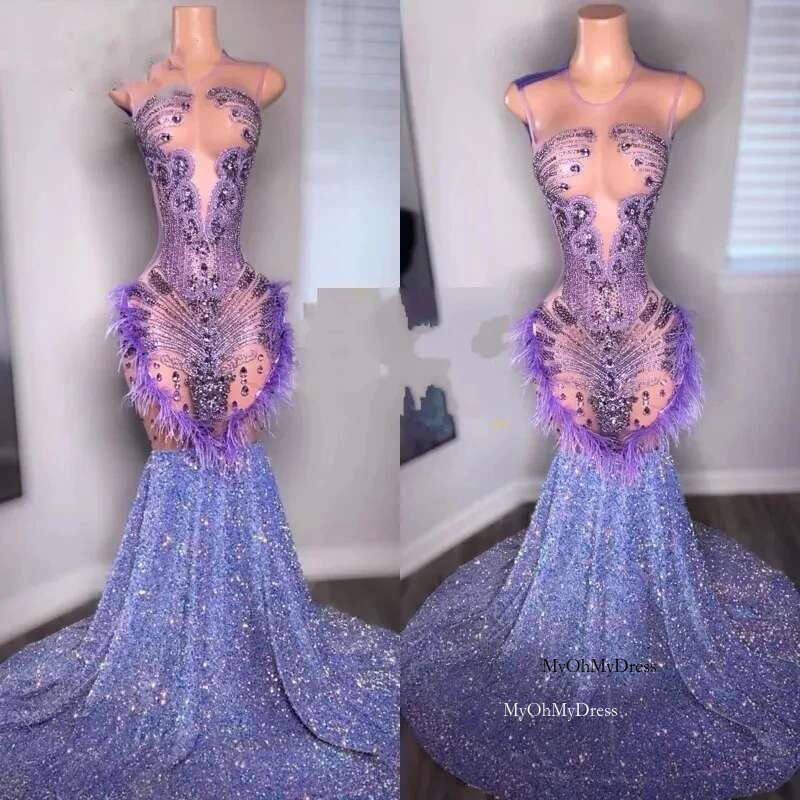 Lilac Sparkly Long Prom Dress For Black Girls Mermaid Sequins Feather Crystals Birthday Party Dresses Evening Gown Customized al0311