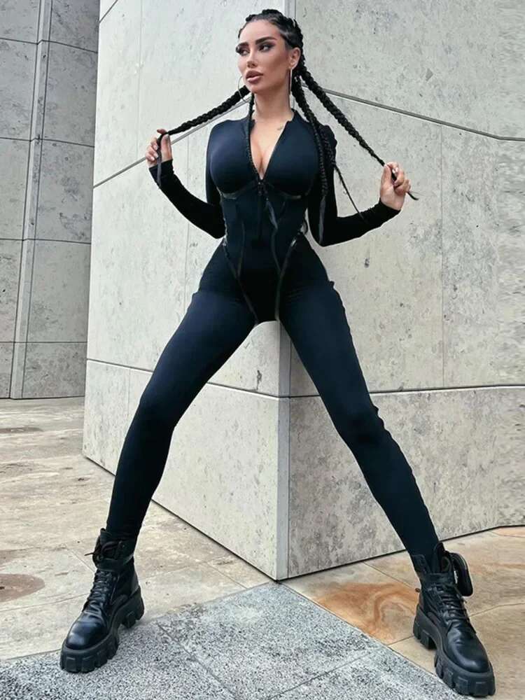 XIAOTANG Black Sexy Skinny Jumpsuit Women Overalls O Neck Full Sleeve Zipper Sporty Jumpsuits Ladies Fashion Rompers Streetwear