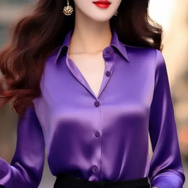 French Black Shirt Tops Spring Autumn Womens Solid PoloNeck Blouses Button Up Elegant Loose Long Sleeve Clothes Office Ladies 250310