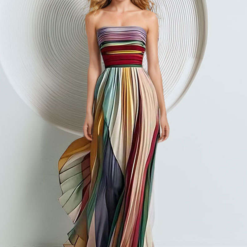 2025 Summer Women's Fashion Printed Sleeveless Strapless, High Waist, Long, Large Swing Dress KLMY