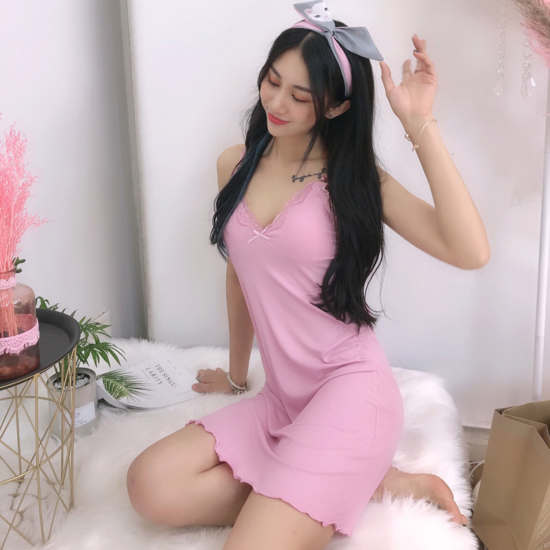 B764-Korean style pajamas nightdress women summer pure cotton sleeveless thin sexy sweet lace v-neck large size loose home clothes