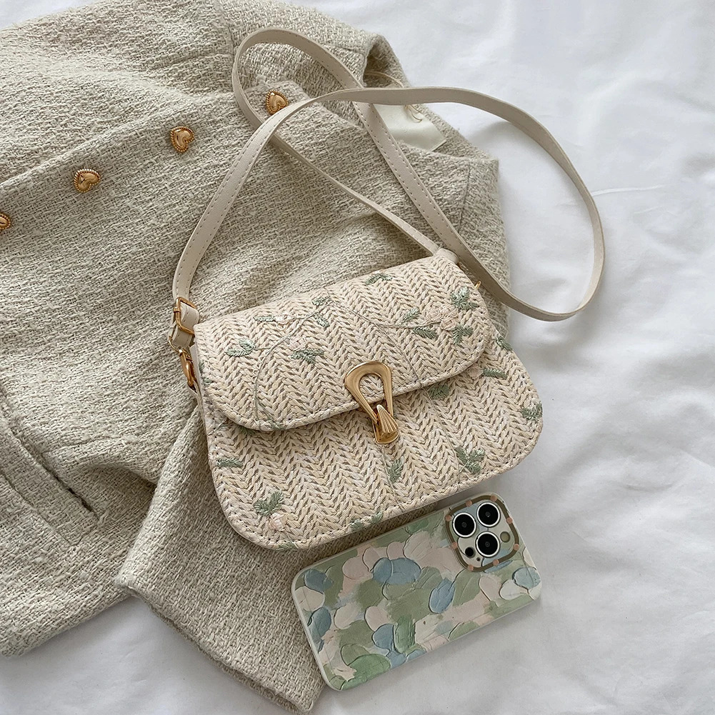 Women Crochet Hobo Bag Adjustable Strap Weaving Flower Purse Hasp Closure Straw Satchel Bag Female Summer Beach Bag R250311