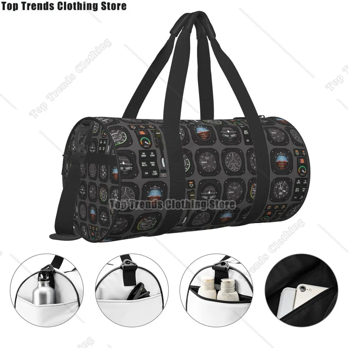 Pilot Flight Instruments Travel Bags Men Fitness Handbag Cylinder Shoulder Bag Women Large Tote Luggage Gym Handbags 250311