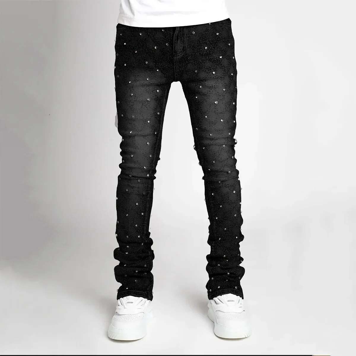 2025 Men s New Jeans Fashion Designer Straight Tube Elastic Pearl Denim Laminated Pants Slimming Trendy Tight Pants Outdoor Casual Pants