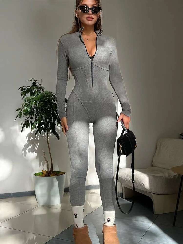 Nibber Zipper Women Jumpsuits Solid Skinny V-Neck Long Sleeves Autumn Winter Trend Classic Simple Comfortable Warm Sportswear