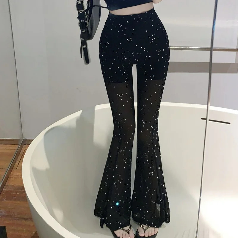 Korean High Waist Mesh Perspective Casual Pants Women Summer Black Flare Shiny Quick Drying Tight Sexy Straight Trousers 250306