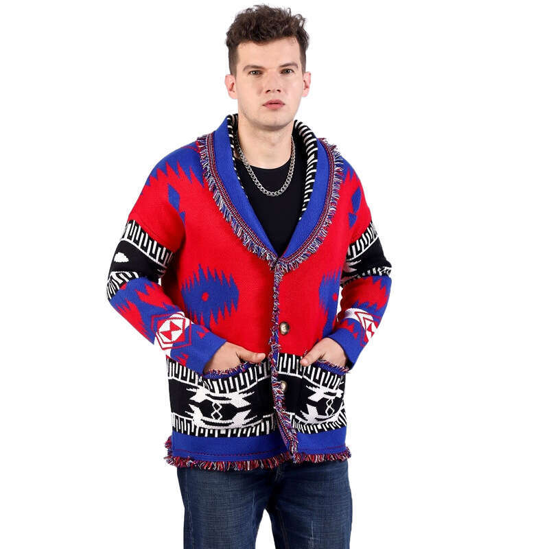 Men's Autumn And Winter New Jacquard Knitted Cardigan Ethnic Style V-Neck Loose Thick Sweater Jacket