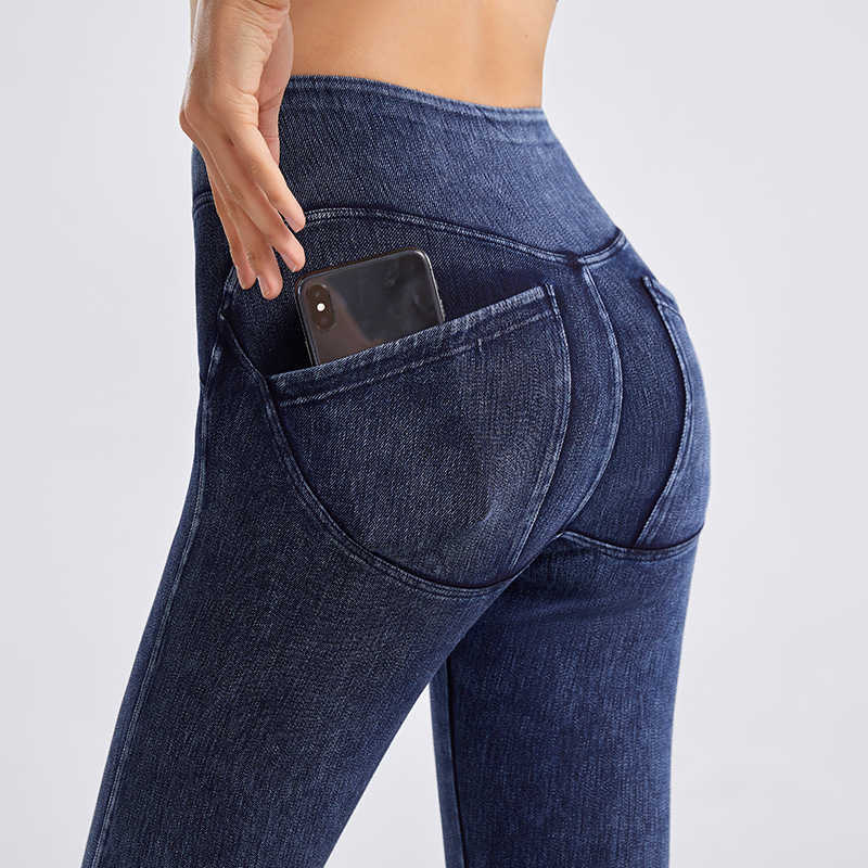 Yoga Outfit 2021 New Sports Fitness Leisure Out of the Street with Pockets Lifted Buttocks Peach Tight Pants Jeans H250307