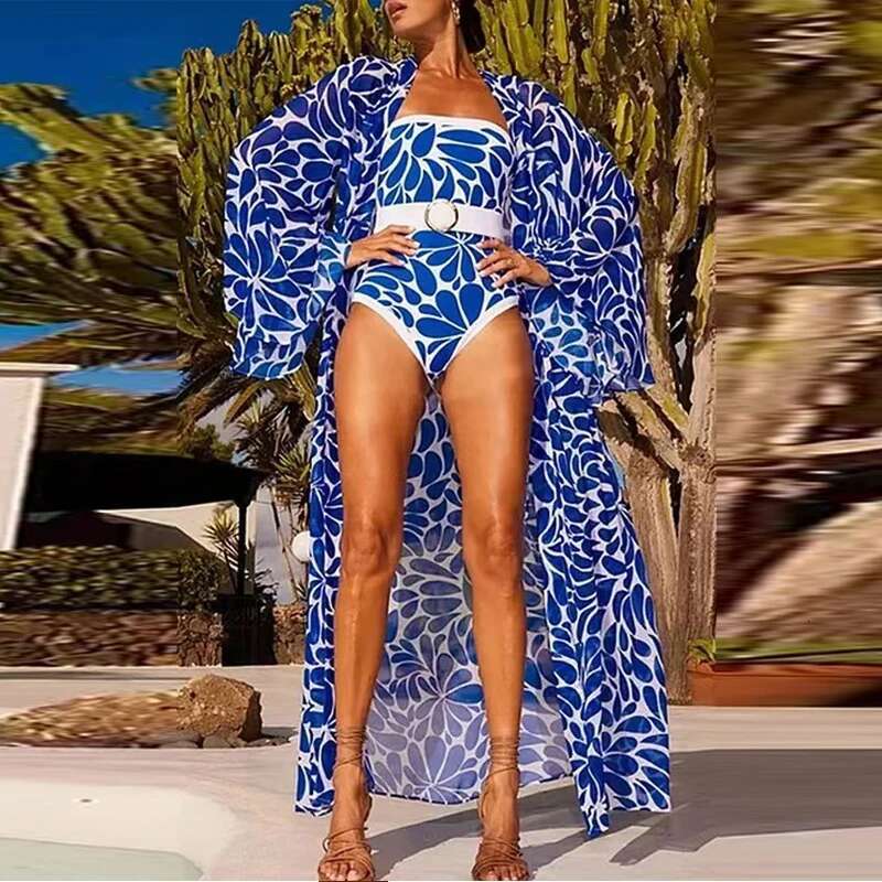 Women's European And American Style 2-Piece 2025 Graphic Cover Beach Cardigan&Tight Bodysuit Female Swimwear Bikini Set
