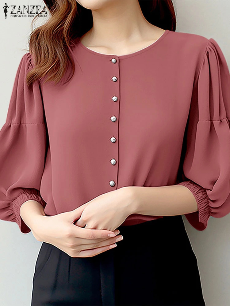 ZANZEA Elegant 34 Lantern Sleeve Work Blouse Office Women Tops Summer Fashion Shirt Casual O Neck Buttons Holiday Blouses 250311