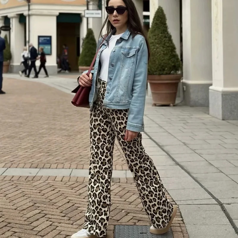 TRAF Womens Trousers Leopard Print Pants For Women Vintage High Waist Baggy Wide Woman Streetwear Straight Long 250310
