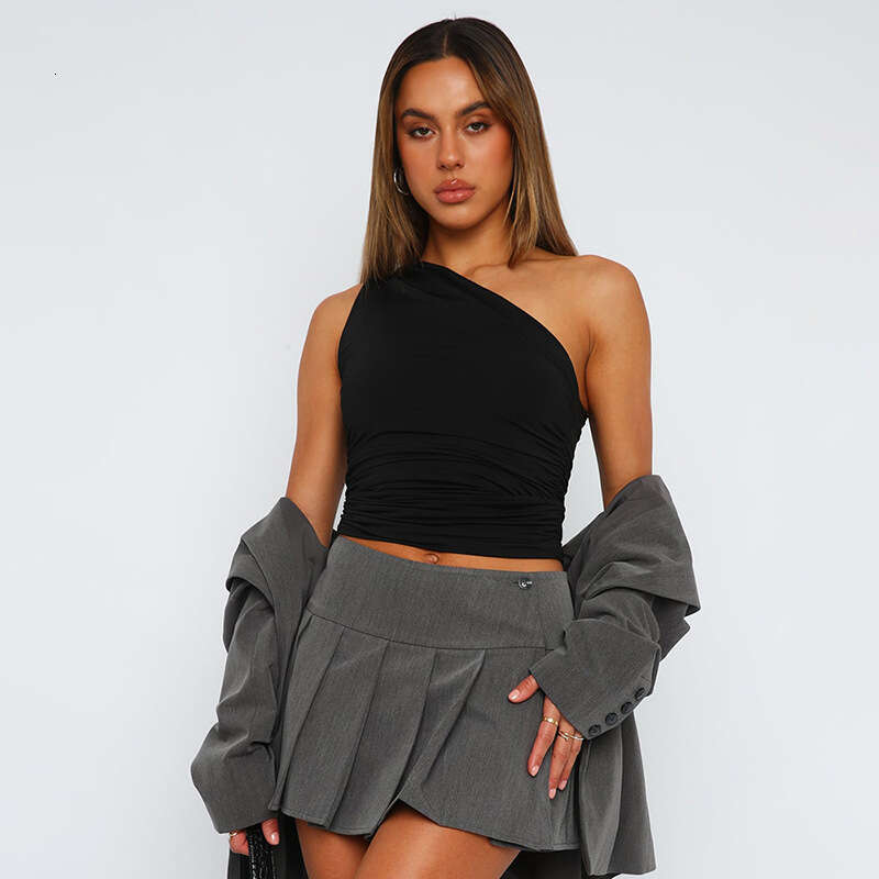 Y23TP703 European and American winter color single shoulder backless pleated vest top T-shirt, women's 2025 new casual fashion trend clothing