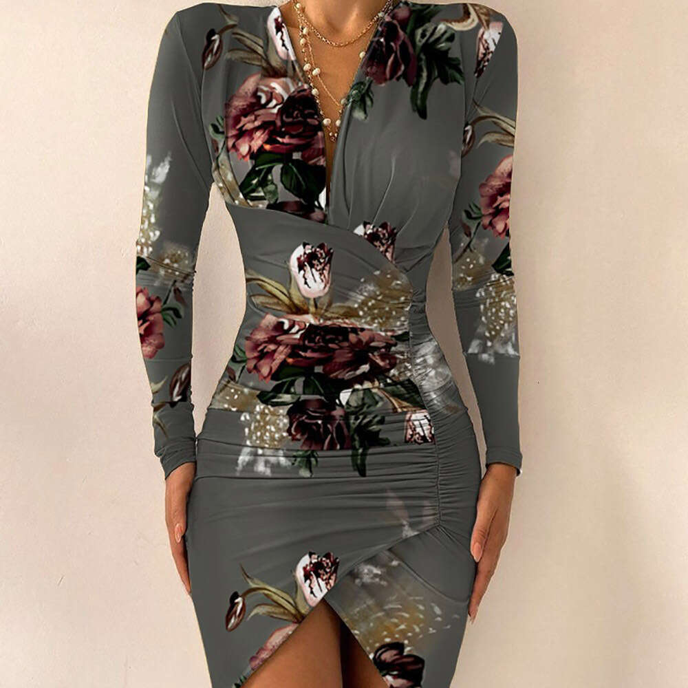 Trendy Sexy V-Neck Printed Long Sleeved Slim Fit Waist Print Dress KLMY