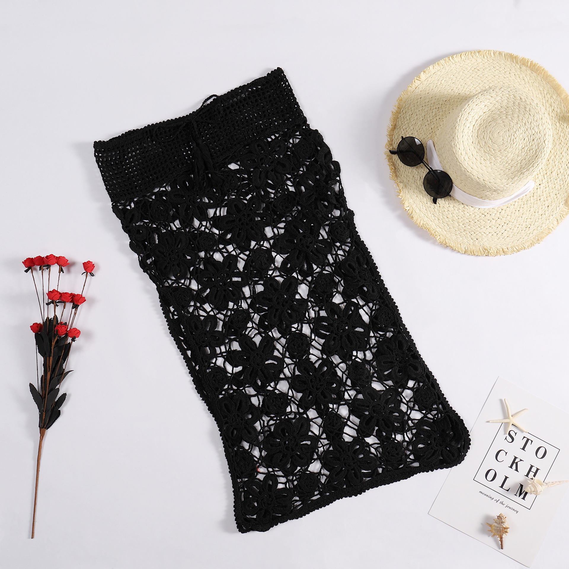 Knitted Women's Vacation Sun Protection Sexy Hollow Out Hand Hook Flower Woven Knee High Beach Skirt
