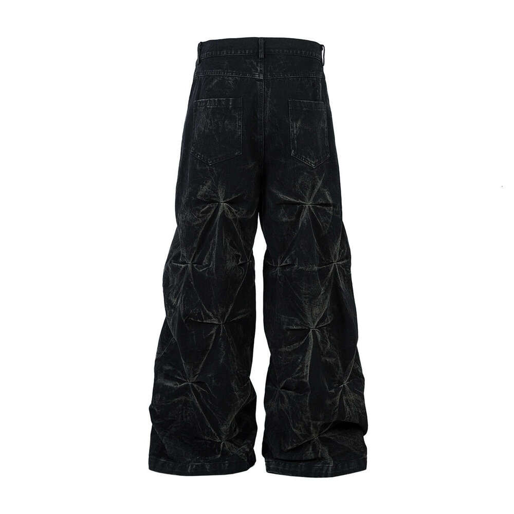 Jiayiku Men's 2025 Spring New American High Street Irregular Wrinkle Washed Jeans RO Style Wide Leg Pants