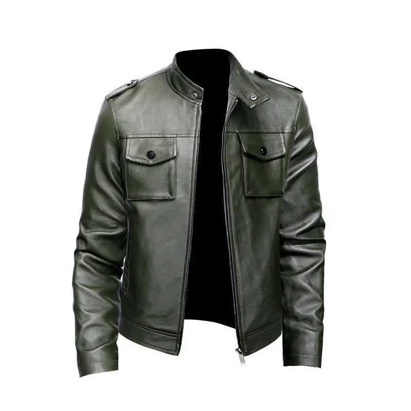 Mens Autumn and Winter New Business Trend Korean Edition Standing Collar Motorcycle Leather Jacket Youth Handsome CoatT250311