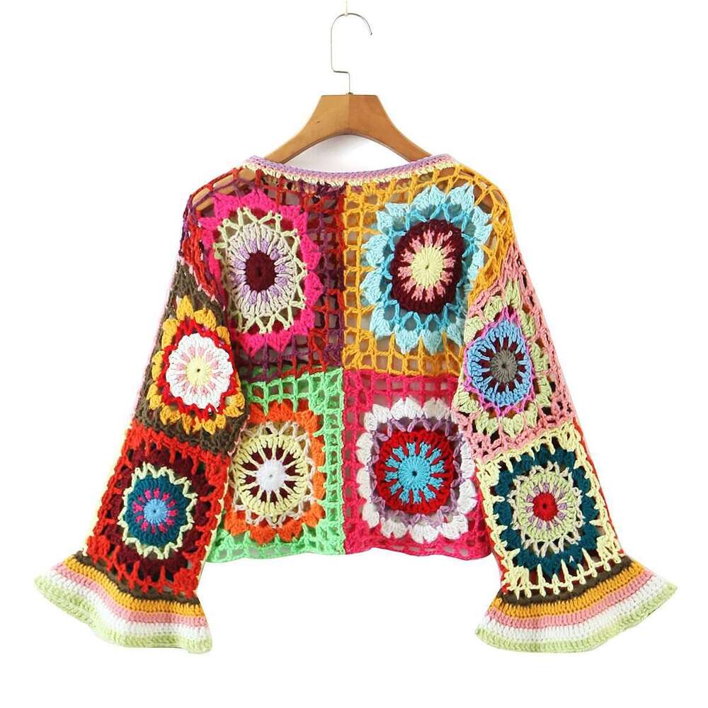 2023 Spring New Ethnic Style Color Contrasting Hook And Flower Hollow Fully Handmade Horn Sleeve Head Knitted Shirt For Women