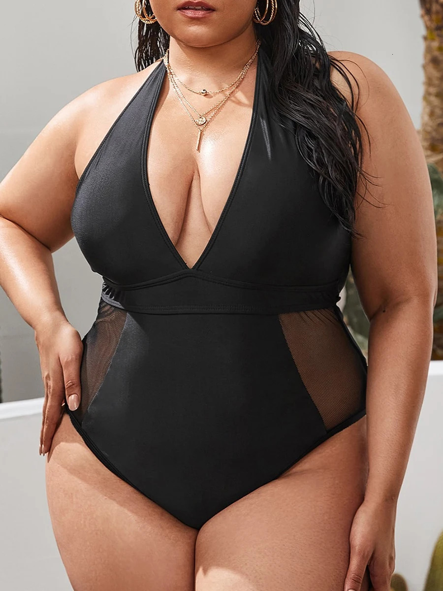 Large Plus Size Halter Swimsuit Women One Piece Floral Printed Swimwear Female Bathers Bathing Swimming Swim Suit Beachwear 250310