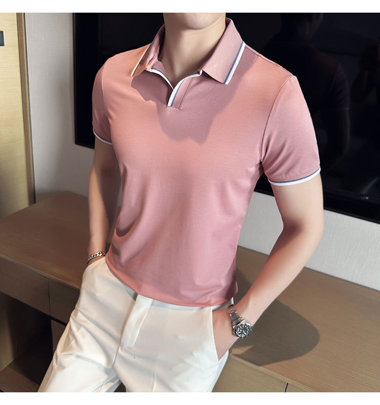 White mulberry V-neck short sleeved polo shirt casual business light luxury T-shirt men's summer new item ice silk tracksuit